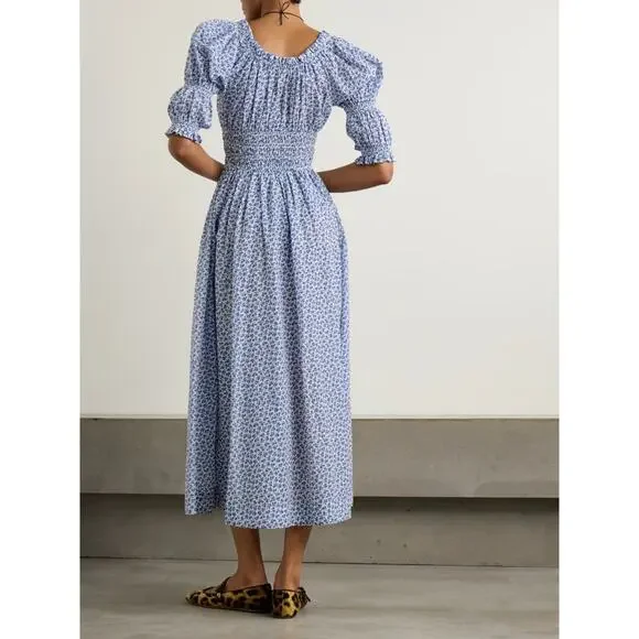 Doen Ischia Shirred Floral Cotton-voile Midi Dress - XXS - Navy